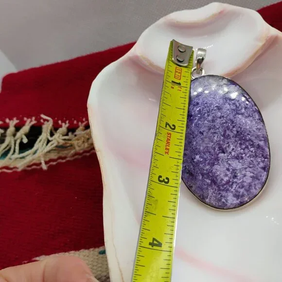 Huge Purple Charoite Sterling Silver Pendant Oval Slab 3" Long 26.4g - Picture 4 of 9